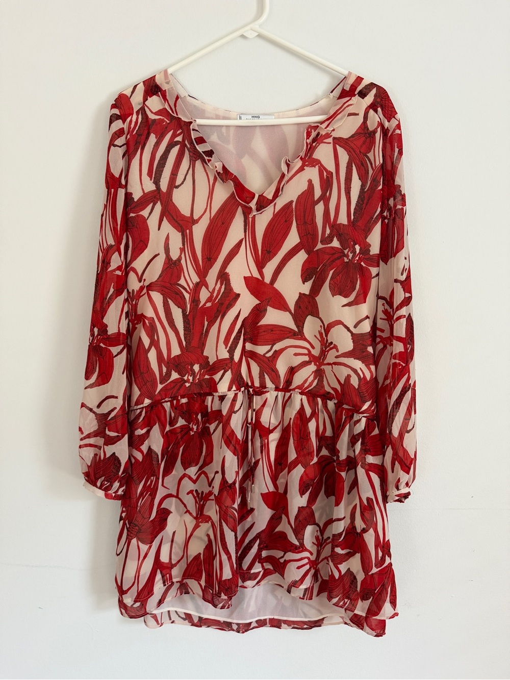 Mango Red Floral on Ivory Sheer Blouse